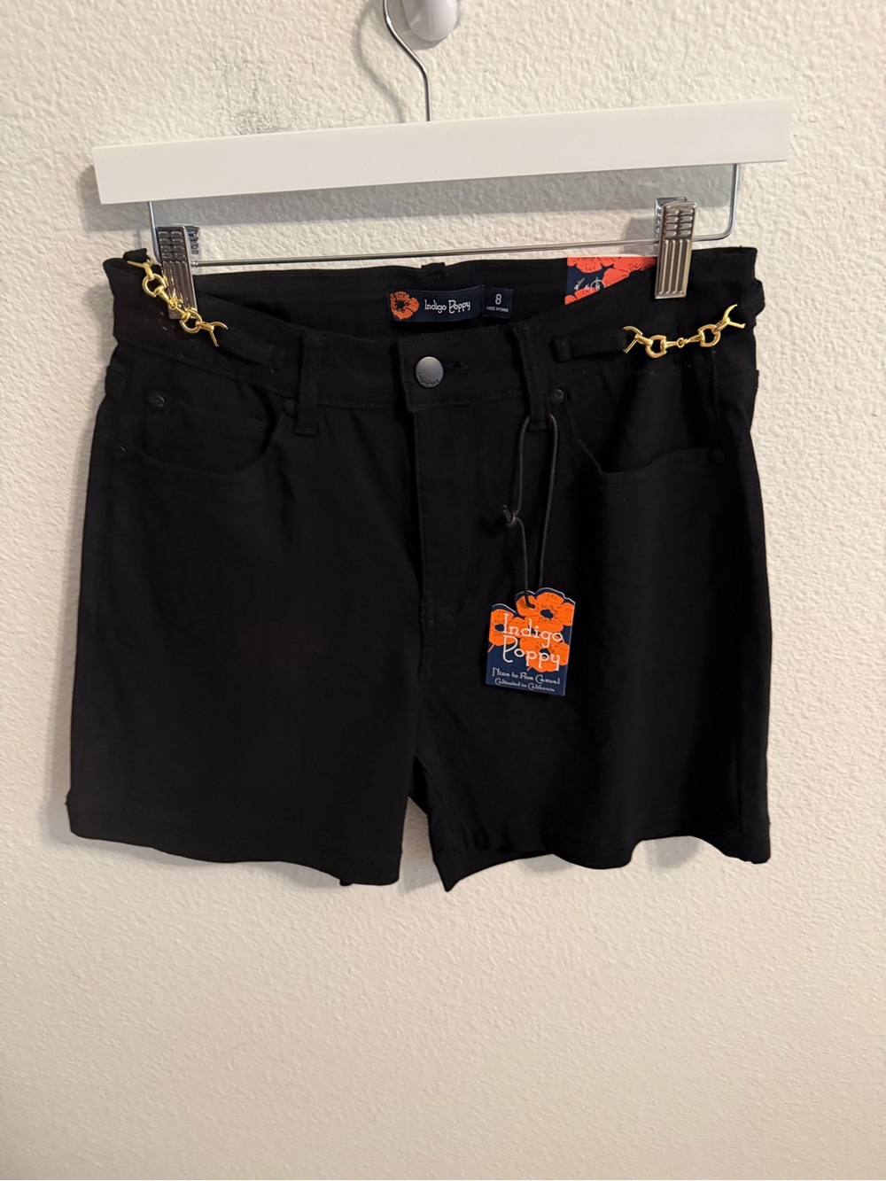 Indigo Poppy Women's Black Chain-Trim Jean Shorts